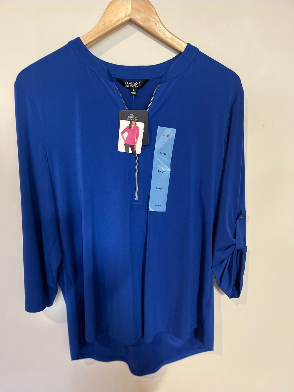 Ellen Tracy Cobalt Blue Zip-Front Tunic Top with Roll Top Sleeves Size Large